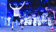 Qatar’s Abdullah Al Tamimi celebrated after defeating World No.28 Mathieu Castagnet during the PSA World Championship at the Khalifa International Tennis and Squash Complex, yesterday.