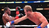 LOS ANGELES, CA - NOVEMBER 09: Logan Paul (red/white/blue shorts) and KSI (black/red shorts) exchange punches their pro debut fight at Staples Center on November 9, 2019 in Los Angeles, California. KSI won by decision /AFP