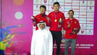 The podium winners in the men’s individual double trap event at the 14th Asian Shooting Championships pose for a picture with Ali Mohamed Al Kuwari, President of Qatar Shooting and Archery Association. Picture: Ebrahim Kutty