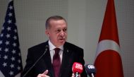 President of Turkey, Recep Tayyip Erdogan makes a speech during his meeting with members of the Turkish and Muslim community in the U.S, at the Diyanet Center of America in Maryland, Washington, United States on November 13, 2019. ( Tayfun Co?kun - Anadol