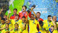 Brazil’s players celebrate with their medals after winning the FIFA U-17 Men's World Cup Brazil 2019 final football match against Mexico at the Bezerrao Stadium in gama, Brasilia, Brazil, on November 17, 2019.AFP / Miguel Schincariol
 