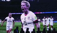 A video of Reign FC's US midfielder Megan Rapinoe is displayed after she won the Ballon d'Or France Football 2019 women's trophy at the Chatelet Theatre in Paris on December 2, 2019. AFP / Franck Fife
