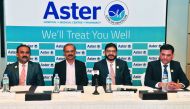 from left: Sameer P T, COO, Aster MIMS Calicut; Dr Krishnakumar, Senior Consultant of Plastic Surgery; Dr Sameer Moopan, CEO, Aster DMH Qatar; and Kapil Chib, COO, Aster Hospital Doha,   during a press conference by Aster Hospital held at Oryx Rotana yest