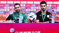 Al Sadd’s coach Xavi Hernandez (left) and midfielder Tarek Salman during a pre-match press conference held in Doha yesterday, on the eve of their FIFA Club World Cup 2019 match against Hienghene Sport.
