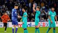 Alex Remiro shakes hands Lionel Messi after the match . San Sebastian, Spain . December 14, 2019 . REUTERS/Vincent West
