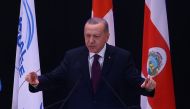 President of Turkey Recep Tayyip Erdogan makes a speech during the 1st Global Refugee Forum in Geneva, Switzerland on December 17, 2019. (Volkan Furuncu/Anadolu Agency) 