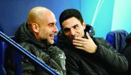 Manchester City manager Pep Guardiola (left)and assistant coach Mikel Arteta before the Champions League match against Shakhtar Donetsk at the Etihad Stadium, in Manchester, Britain in this November 26, 2019 file picture.  Action Images via Reuters/Jason 