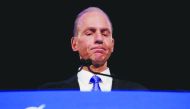 Dennis Muilenburg pauses while speaking during a news conference at the annual shareholder meeting in Chicago, Illinois, April 29, 2019. Jim Young/Pool via Reuters