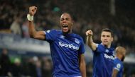 Everton's Djibril Sidibe celebrates their first goal scored by Dominic Calvert-Lewin with teammates Action Images via Reuters/Molly Darlington