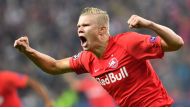 Haaland celebrating after scoring a goal during the UEFA Champions League Group E football match Salzburg v Genk. Austria. September 17, 2019 / AFP / JOE KLAMAR