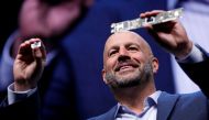 Gregory Bryant, executive vice president and general manager of the Client Computing Group at Intel, holds up a Tiger Lake chip and motherboard at an Intel news conference during the 2020 CES in Las Vegas, Nevada, U.S. January 6, 2020. Reuters/Steve Marcu