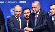Turkish President Recep Tayyip Erdogan (R) and Russian President Vladimir Putin (L) attend ceremony inauguration of a new gas pipeline 