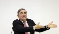 Former Renault-Nissan boss Carlos Ghosn gestures as he addresses a large crowd of journalists on his reasons for dodging trial in Japan, where he is accused of financial misconduct, at the Lebanese Press Syndicate in Beirut on January 8, 2020.   AFP / JOS