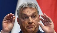 Hungarian Prime Minister Viktor Orban gestures during his traditional new year press conference at his new office, Buda Castle's Carmelita monastery, on January 9, 2020 in Budapest. AFP / Attila Kisbenedek 


