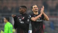 AC Milan's Portuguese forward Rafael Leao (L) and AC Milan's Swedish forward Zlatan Ibrahimovic acknowledge the public at the end of the Italian Serie A football match AC Milan vs Sampdoria on January 6, 2020 at the San Siro stadium in Milan. / AFP / Migu