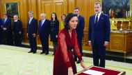 Spain's Industry Minister Maria Reyes Maroto takes the oath of office during a ceremony next to Spanish King Felipe VI at the Zarzuela Palace in Madrid, on January 13, 2020.  AFP / Chema Moya
