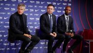 New FC Barcelona coach Quique Setien, president Josep Maria Bartomeu and sports director Eric Abidal during the press conference REUTERS/Albert Gea