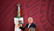 Mexico's President Andres Manuel Lopez Obrador shows a brochure of the 787 Dreamliner belonging to the Mexican Presidency, during a news conference at the National Palace in Mexico City, Mexico January 14, 2020. Press Office Andres Manuel Lopez Obrador/Ha