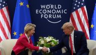 US President Donald Trump shakes hands with European Commission President Ursula von der Leyen prior to their meeting at the World Economic Forum in Davos, on January 21, 2020. AFP / Jim Watson 
 