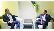 The Minister of Commerce and Industry, H E Ali bin Ahmed Al Kuwari (right), during a meeting with the World Trade Organization Director-General Roberto Azevedo on the sidelines of the World Economic Forum in Davos, Switzerland on Wednesday. The Minister a
