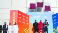 Podium winners are seen with Abdulrahman Al Mannai, QMMF President, Abdulrazak Al Kuwari, QMMF General Secretary, and Khalid Al Remaihi who is the LCSC Vice President and General Manager.