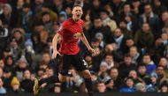 Manchester United's Serbian midfielder Nemanja Matic celebrates scoring the opening goal during the English League Cup semi-final second leg football match between Manchester City and Manchester United at the Etihad Stadium in Manchester, north west Engla