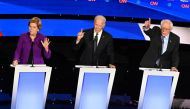 (FILES) In this file photo taken on January 14, 2020 Democratic presidential hopefuls Massachusetts Senator Elizabeth Warren (L), former Vice President Joe Biden (C) and Vermont Senator Bernie Sanders participate in the seventh Democratic primary debate o