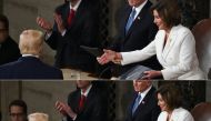 This combination of pictures created on February 04, 2020 shows Speaker of the US House of Representatives Nancy Pelosi extending a hand to US president Donald Trump ahead of the State of the Union address at the US Capitol in Washington, DC, on February 
