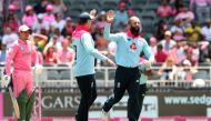 Cricket - South Africa v England - Third ODI - Imperial Wanderers Stadium, Johannesburg, South Africa - February 9, 2020 England's Moeen Ali celebrates the wicket of South Africa's Rassie van der Dussen REUTERS/Mike Hutchings