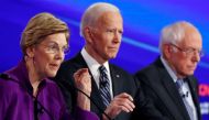 Elizabeth Warren speaks as Joe Biden and Bernie Sanders listening at the seventh Democratic 2020 presidential debate at Drake University in Des Moines, Iowa, US, January 14, 2020. Reuters / Shannon Stapleton