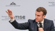 France's President Emmanuel Macron addresses the audience on the podium during the 56th Munich Security Conference (MSC) in Munich, southern Germany, on February 15, 2020.  AFP / Christof STACHE