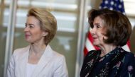 US House Speaker Nancy Pelosi (D-CA) and European Commission President Ursula von der Leyen attend a meeting at EU headquarters in Brussels, Belgium, February 17, 2020. Virginia Mayo/Pool via Reuters
 