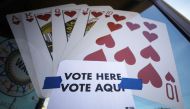  A 'Vote Here' sign is posted on the final day of early voting for the upcoming Nevada Democratic presidential caucus on February 18, 2020 in Las Vegas, Nevada. Mario Tama/Getty Images/AFP