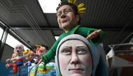 A carnival float shows German Green party co-leader Robert Habeck and climate activist Greta Thunberg  on February 18, 2020. (AFP / Ina Fassbender)