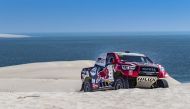 Nasser Saleh Al Attiyah and French navigator Matthieu Baumel in action  in their Toyota Gazoo Hilux yesterday.