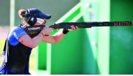 Fatima Galvez Marin of Spain shoots during the mixed team trap event yesterday. 