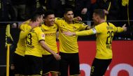 Dortmund's players celebrate a goal during the German first division Bundesliga football match Borussia Dortmund v SC Freiburg on February 29, 2020 in Dortmund. 