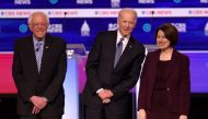 Democratic presidential candidates Sen. Bernie Sanders (I-VT), former Vice President Joe Biden, and Sen. Amy Klobuchar (D-MN) walk on stage before the Democratic presidential primary debate at the Charleston Gaillard Center on February 25, 2020 in Charles