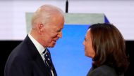 Joe Biden and Kamala Harris take the stage on the second night of the second 2020 Democratic US presidential debate in Detroit, Michigan, in this July 31, 2019 photo. Reuters/Lucas Jackson