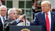 US President Donald Trump introduces National Institute of Allergy and Infectious Diseases Director Anthony Fauci as Vice President Mike Pence looks on after Trump declared the coronavirus pandemic a national emergency during a news conference in the Rose