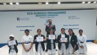 DPS-Modern Indian School students holding certificates during the ECO-Schools Programme Award 2019-20 ceremony.