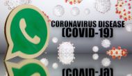 A 3D-printed Whatsapp logo is seen in front of displayed coronavirus disease (COVID-19) sign in this illustration taken March 19, 2020. REUTERS/Dado Ruvic/Illustration