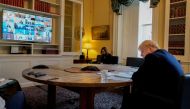 File photo: Boris Johnson sits in the study of 10 Downing Street on a video conference call to other G20 leaders on coronavirus outbreak in London Britain March 26, 2020. Andrew Parsons / 10 Downing Street via Reuters