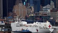 The USNS hospital ship Comfort is seen docked at Pier 90 on Manhattan's West Side during the outbreak of the coronavirus disease (COVID-19) in new york City, new york, U.S., April 3, 2020. REUTERS/Mike Segar