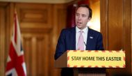 A handout image released by 10 Downing Street, shows Britain's Health Secretary Matt Hancock speaking during a remote press conference to update the nation on the Covid-19 pandemic, inside 10 Downing Street in central London on April 10, 2020. AFP PHOTO /