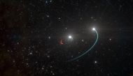 A handout photo made available by the European Southern Observatory on May 4, 2020 shows an artist's impression of the orbits of the objects in the HR 6819 triple system. AFP PHOTO /L. Calcada/European Southern Observatory