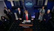 U.S. President Donald Trump answers questions at the daily coronavirus disease (COVID-19) task force briefing flanked by Dr. Anthony Fauci, Vice President Mike Pence, Dr. Deborah Birx and Admiral Brett Giroir at the White House in Washington, U.S., April 