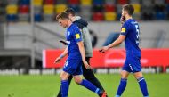 Schalke's German defender Bastian Oczipka (L) and Schalke's Serbian defender Matija Nastasic leave the pitch after the German first division Bundesliga football match Fortuna Duesseldorf v FC Schalke 04 on May 27, 2020 in Duesseldorf, western Germany. AFP