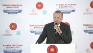 Turkish President Recep Tayyip Erdogan speaks during opening ceremony of the 3rd runway of Istanbul Airport, the state guest house and the mosque in Istanbul, Turkey on June 14, 2020. ( Serhat Ça?da? - Anadolu
