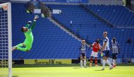 Arsenal's Nicolas Pepe scores their first goal as play resumes behind closed doors following the outbreak of the coronavirus disease (COVID-19) Richard Heathcote/Pool via REUTERS